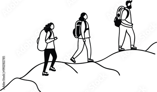 Male and Female Hikers Casual Trekking Silhouette Set