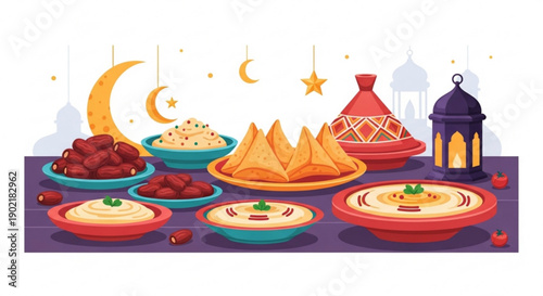 Traditional middle eastern iftar table setting with samosas dates and lanterns at night
