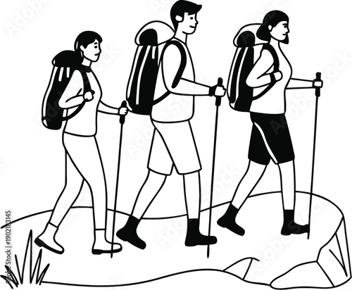 Male and Female Hikers Fitness Trekking Silhouette Set