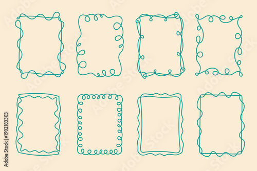 Rectangular doodle frame stamp, hand-drawn wavy curly engagement monograms. Edgings and cadres simple sketchy scribble swirl design photo decoration old-fashioned greeting elements. Editable stroke