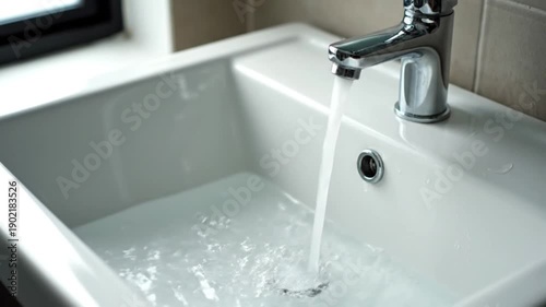 Video of running tap water into the sink beside a window in a small city apartment