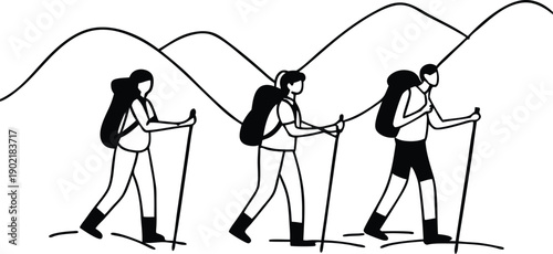 Male and Female Hikers Trekking Group Silhouette Set
