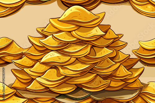 Pile of golden crisps carefully stacked, capturing a mouthwatering snack essence with crisp texture and appetizing arrangement in a minimal food scene.