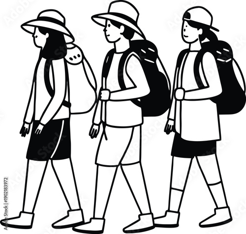 Male and Female Hikers With Hats Silhouette Set