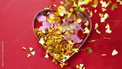 Animation of yellow confetti falling over heart paper cutouts in heart shaped box on red background