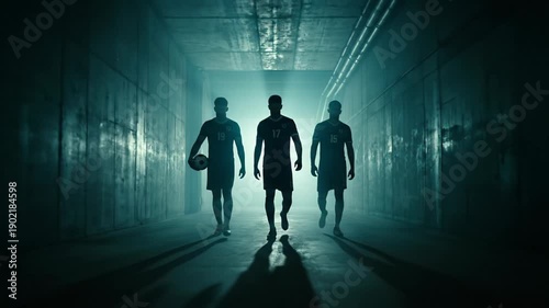 Three determined soccer players walking through a dark, smoky tunnel towards the field, their silhouettes backlit by a bright light as they prepare for a big game, one holding a football