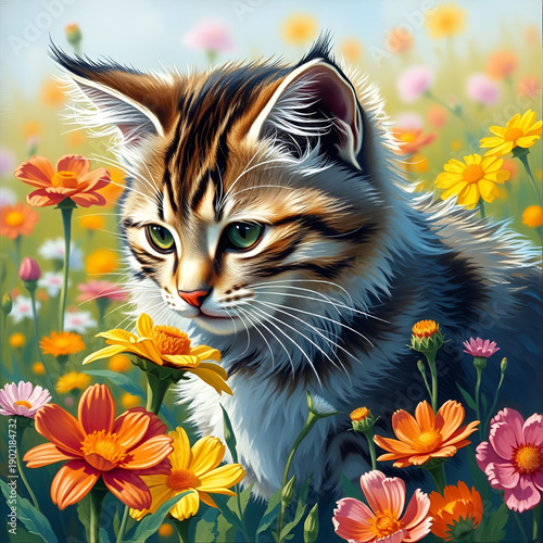 cat in a floral field 