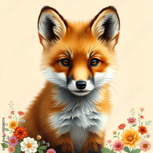 red fox cub illustration with flowers
