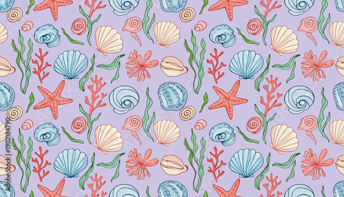 Cute ocean life seamless background, repeat texture with hand drawn sea shells, corals and sea stars for fabric, wallpaper and wrapping paper.