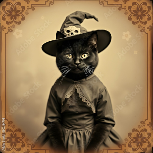 black cat wearing a witch hat and a dress vintage portrait 
