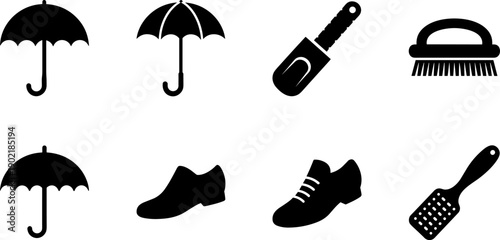 Collection of black silhouette icons for shoe care and weather protection