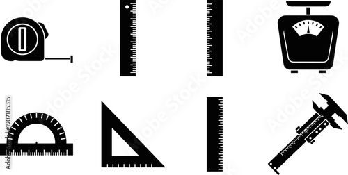 Collection of measuring tools including rulers, tape measure, protractor, scale, and caliper
