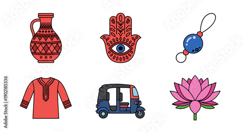 Vibrant illustrations of cultural symbols, traditional clothing, and vehicles, showcasing diverse elements like pottery, jewelry, and flowers in a flat design style from a straightforward viewpoint