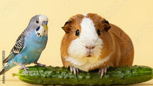 An inquisitive blue parakeet and a fluffy guinea pig form an unlikely pair, curiously interacting with a fresh green cucumber in a charming pet scene