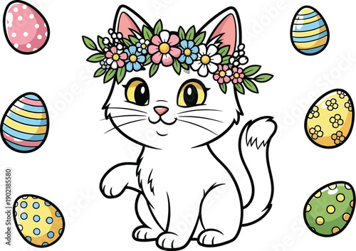 Adorable white kitten wearing a colorful springtime flower crown surrounded by beautifully decorated Easter eggs for holiday celebration design