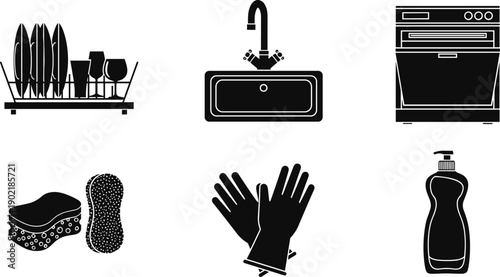 Collection of kitchen cleaning and dishwashing icons in a simple black and white style