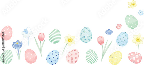Watercolor border illustration featuring numerous pastel colored easter eggs interspersed with delicate springtime flowers against a soft cream background