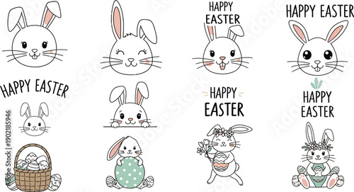Adorable collection of cute cartoon white bunnies celebrating the joyous spring holiday with decorative eggs and festive greetings