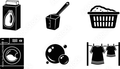 Collection of laundry icons including detergent, washing machine, and clothes drying on a line