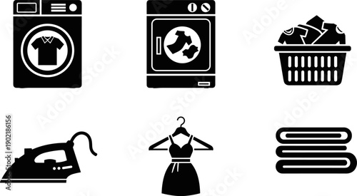 Collection of laundry and cleaning icons including washing machine, dryer, iron, and basket
