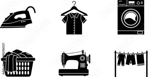 Collection of household laundry and sewing icons on a white background
