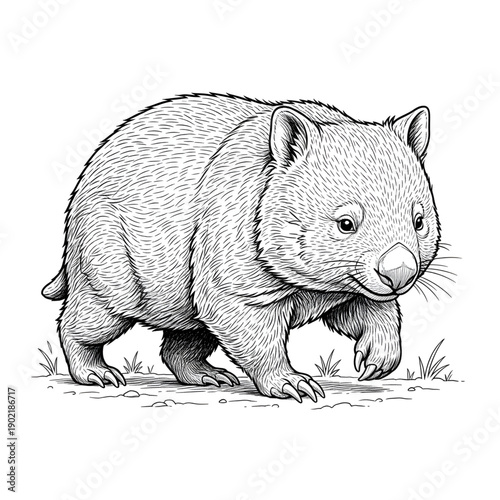 Wombat Walking Line Art - Realistic Australian Marsupial Wildlife Vector Sketch