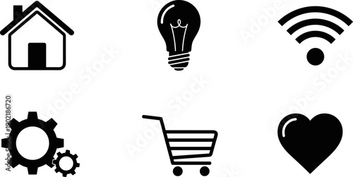 Collection of six simple black icons representing common digital interface elements on white background