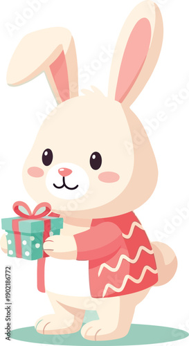 Adorable cartoon white rabbit wearing a pink patterned sweater happily holding a small teal gift box illustration against a light background