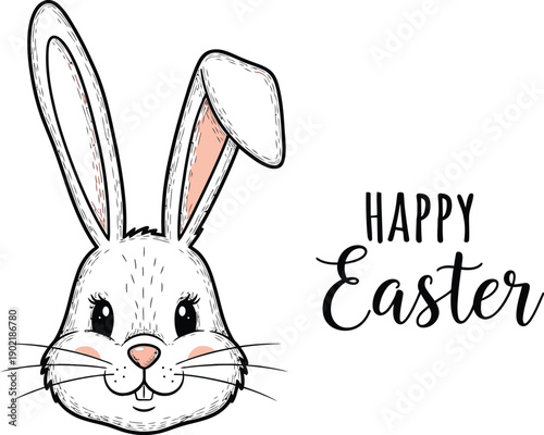 Hand drawn illustration of a sweet and friendly white bunny face with one ear slightly flopped paired perfectly with happy easter calligraphy text overlay