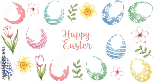 Watercolor illustration collection featuring assorted decorated easter eggs delicate spring blossoms and cheerful holiday greeting text elements