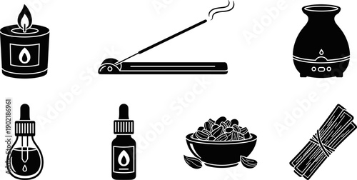 Aromatherapy and relaxation elements including a candle, incense, diffuser, oils, nuts, and cinnamon sticks