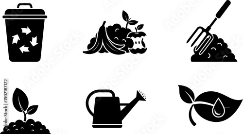 Composting and gardening icons illustrating organic waste recycling and plant growth cycle