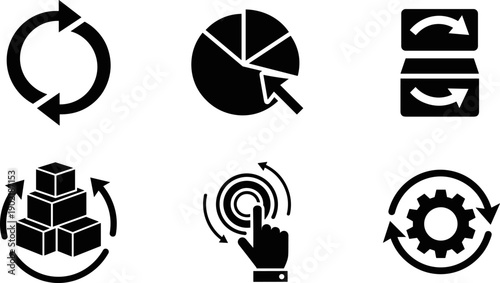 Set of six black icons representing business processes and data management