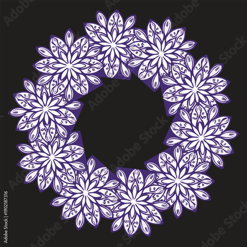 Floral Wreath Mandala with Purple and White Overlapping Flowers and Hexagonal Center on Black Background