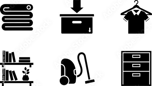 Collection of household icons representing organization, cleaning, and storage solutions