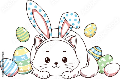 Adorable cartoon kitten wearing festive bunny ears headband surrounded by colorful decorated Easter eggs in a cute holiday illustration design