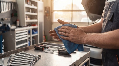 Auto mechanic cleaning greasy hands with a blue cloth next to professional tools on a metal workbench in a garage.
