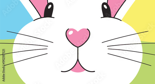 Adorable cartoon bunny face close up featuring a sweet pink heart nose whiskers and colorful background perfect for easter themes
