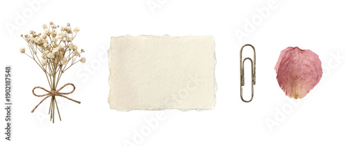Foto Minimal stationery collage set with torn cream paper, baby’s breath bouquet tied