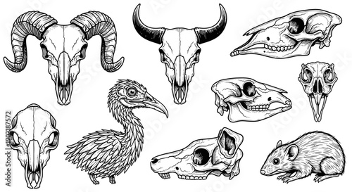 A detailed collection of various animal skulls and a bird illustration, presented in a black and white sketch style.
