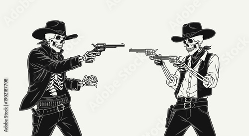 Two skeleton cowboys in a dramatic standoff, aiming their revolvers at each other in a classic Western duel.