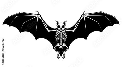 A striking black and white illustration of a bat skeleton with its wings spread wide, presented against a plain background.