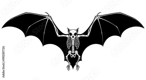 A striking black and white illustration of a bat skeleton with its wings spread wide, creating a gothic and spooky silhouette.