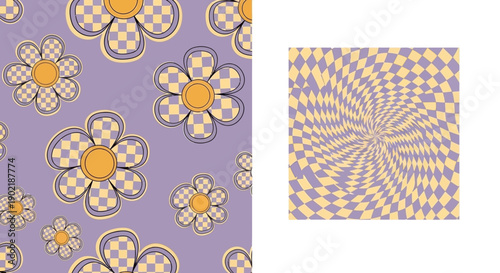 Retro groovy seamless floral pattern with checkerboard petals on a purple background and a matching psychedelic swirling checkerboard design.