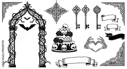 A collection of gothic vector elements including a thorny archway with bats, skull cake, ornate keys, skeletal hands, and decorative banners.
