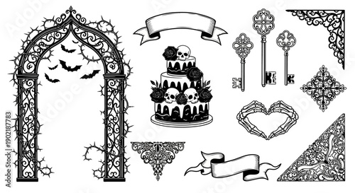 Set of black and white gothic design elements for Halloween, featuring a thorny arch, skull cake, vintage keys, and ornate frames.