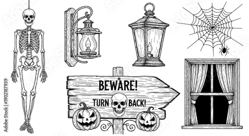 Vintage Halloween spooky elements set with skeleton, lanterns, spiderweb, warning sign, and haunted window.