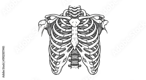 Detailed anatomical illustration of the human rib cage and sternum, showing the skeletal structure of the chest in a front view.