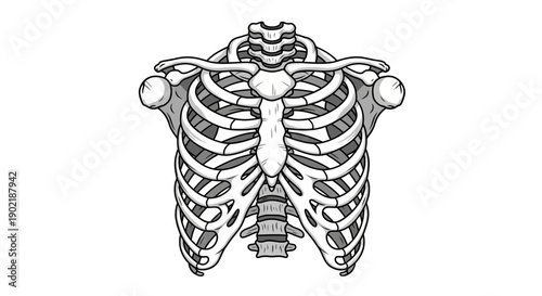 Anatomical illustration of the human rib cage, sternum, and clavicles in a detailed black and white drawing.
