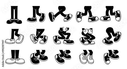 Black and white cartoon legs and feet in various poses, illustrating different walking and standing actions.